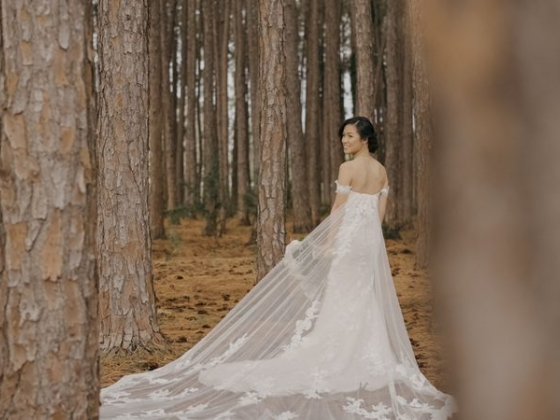 Bride in white gown standing among tall forest trees