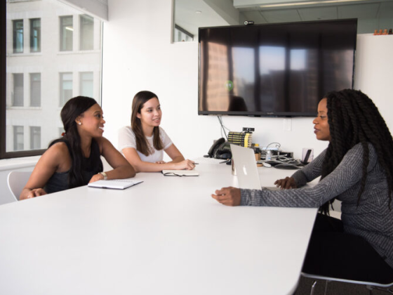 Women engaged in conversation during a business meeting.