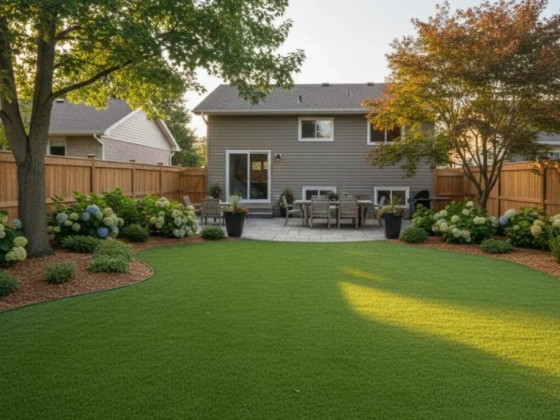 A serene backyard garden with a lush lawn and patio area