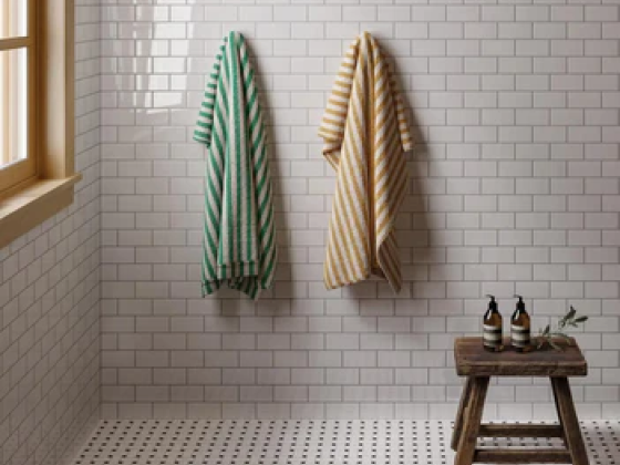 Minimalist bathroom featuring striped towels on wall hooks