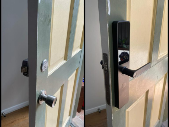 Old vs. new door lock on a partially open door