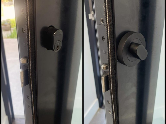 Side-by-side images of door lock and deadbolt mechanism