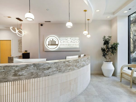Curved reception desk in a chic dental office