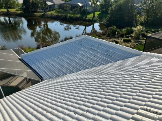 View of a sunlit roof near a serene lake environment