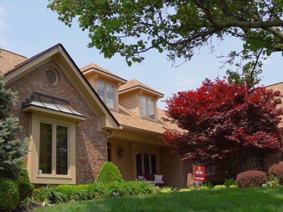 Brick house with red tree and green shrubs