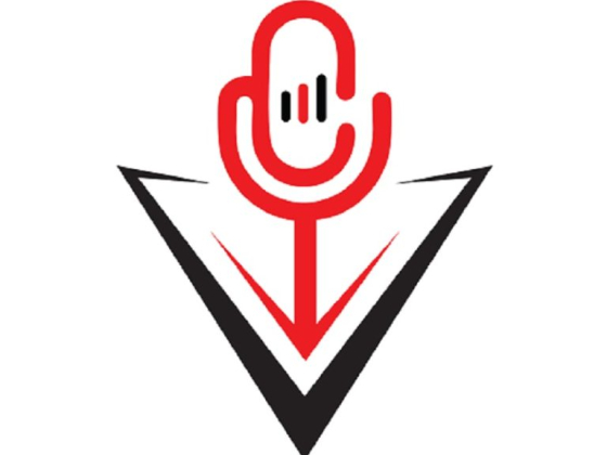 Stylized microphone with V and arrow design elements