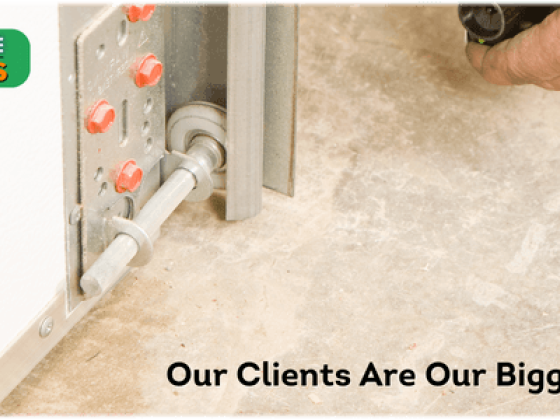 Garage door maintenance with company slogan and logo