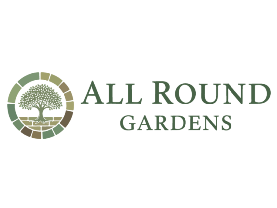 Green logo for All Round Gardens with tree icon