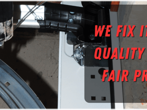 Garage door close-up with repair service slogan