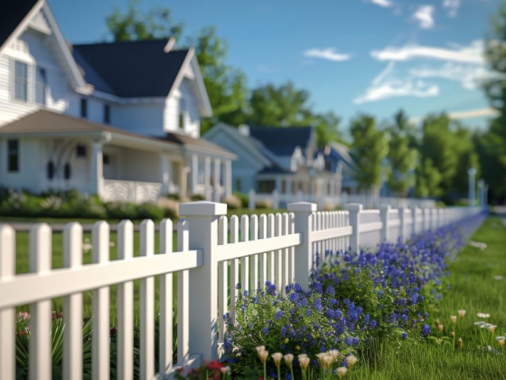 Charming suburban street with white fences and flowers
