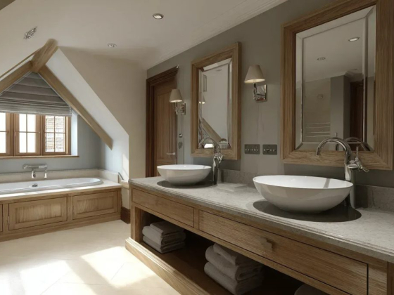 Luxurious bathroom with wooden accents and ample lighting