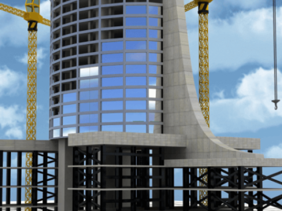 Building plans and towering structure in progress