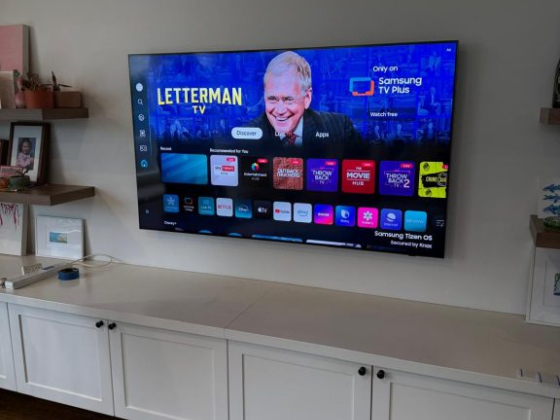 Wall-mounted TV showing Samsung TV Plus menu