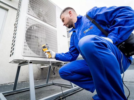 Worker checking air conditioning system on building roof