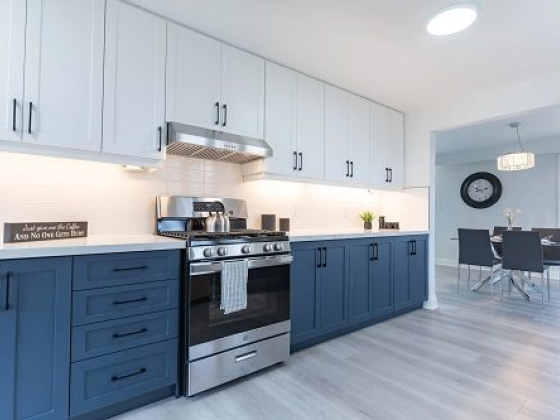 Stylish kitchen and dining area with blue cabinets