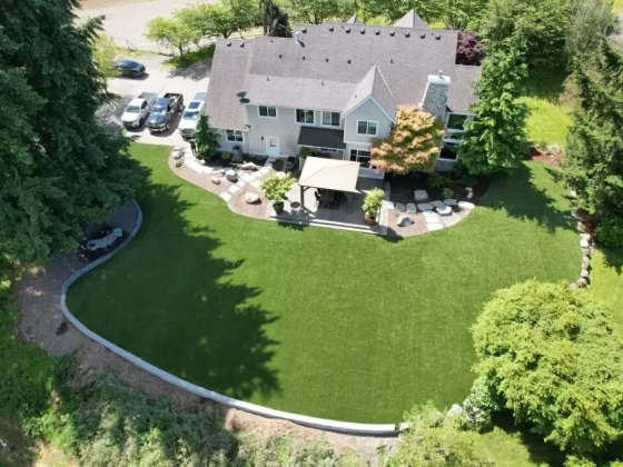 House surrounded by trees with cars parked nearby