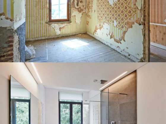 Transformation from old, damaged space to modern bathroom