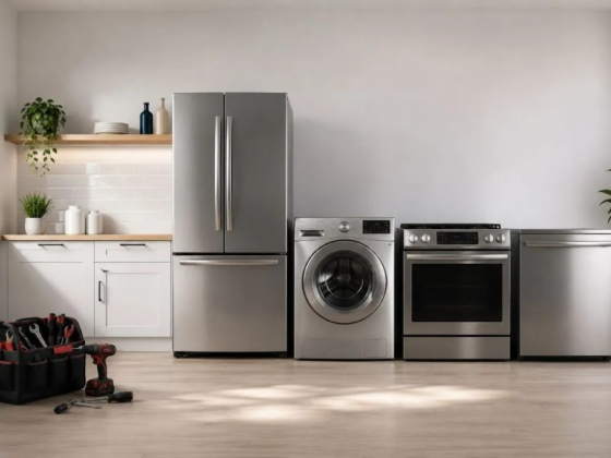 Sleek kitchen setup with oven, fridge, washer, and tools