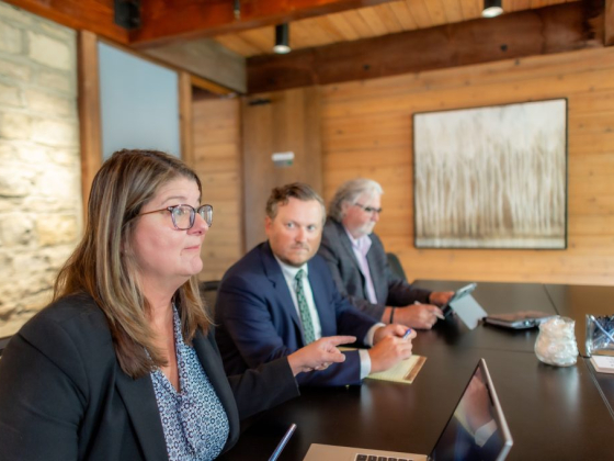 Business professionals engaging in a meeting at a wooden office table.
