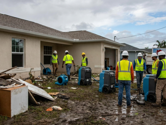 Crew in safety vests and hard hats clean up flood debris