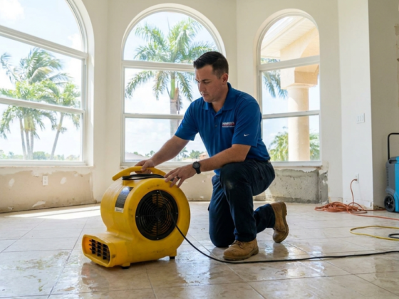 Technician using equipment for water damage restoration