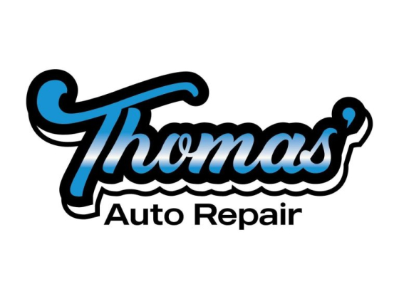 Logo for Thomas' Auto Repair with blue lettering.