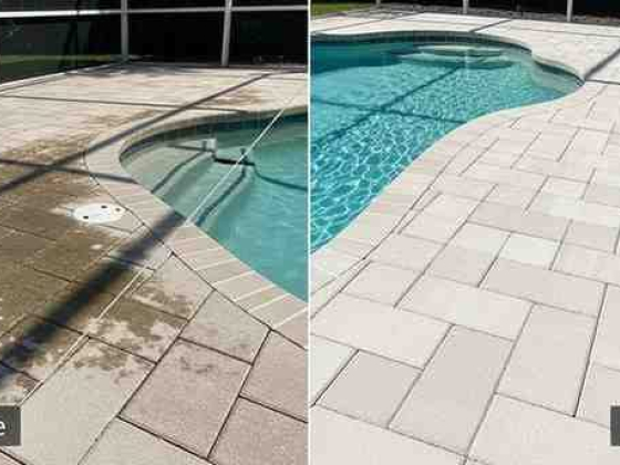 Comparison of poolside tiles before and after cleaning