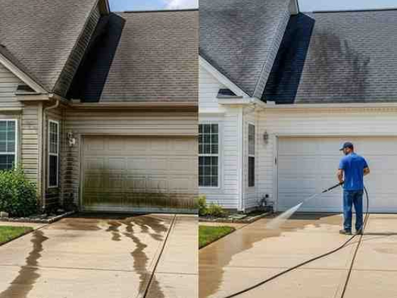 Before and after power washing house walls and driveway