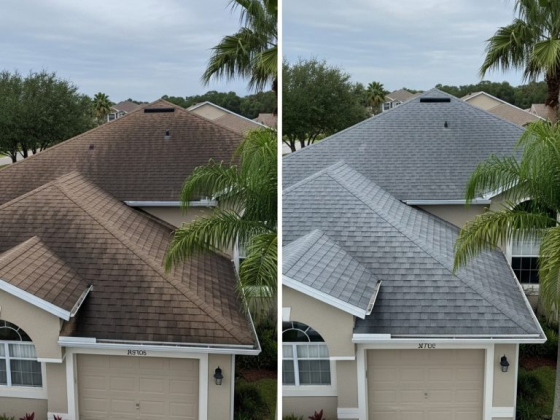 House roof transformation from brown to grey shingles