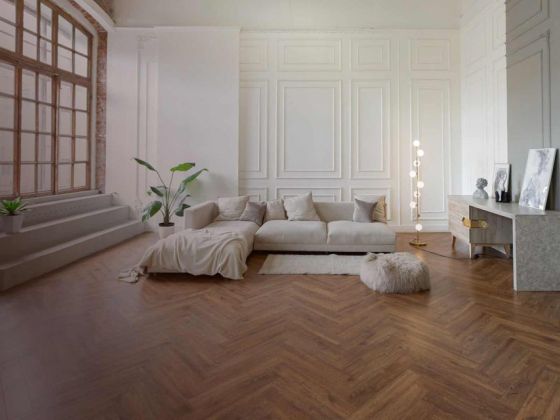 Elegant living room with light furniture and polished wood floors