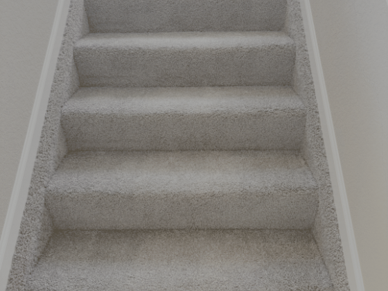 Staircase covered with soft, gray carpet in bright hallway