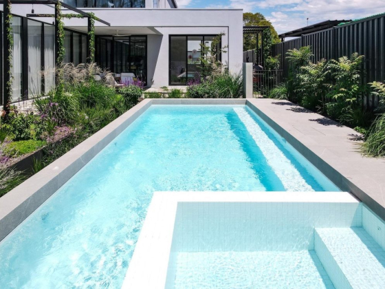 A sleek pool surrounded by lush green plants