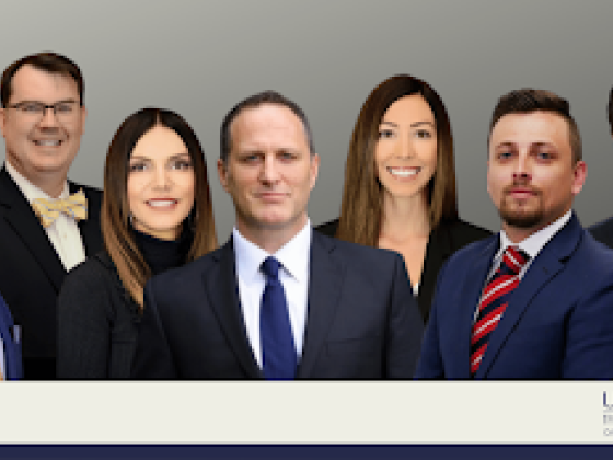 Seven people in business attire, neutral background