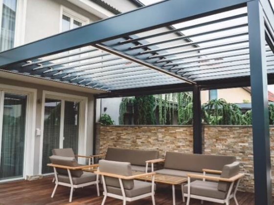 Stylish outdoor seating area under a pergola