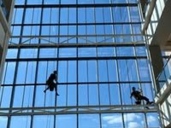 Silhouetted workers cleaning tall building windows