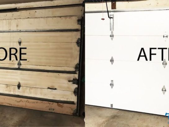 Comparison of old and new garage doors in a garage setting