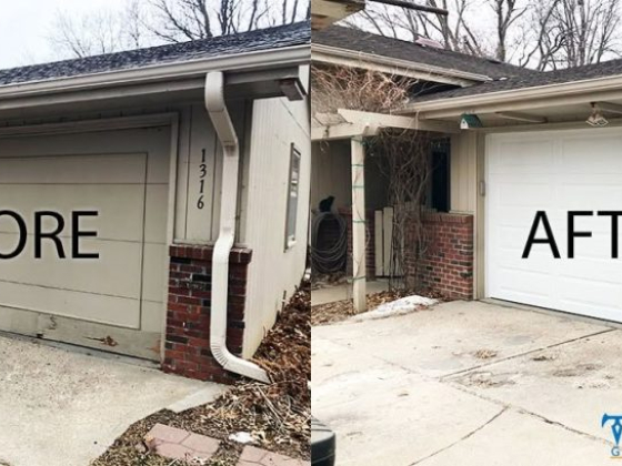 Comparison of old and new garage doors on a house