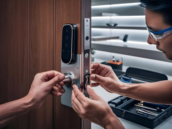 Technicians work on mounting a modern lock system