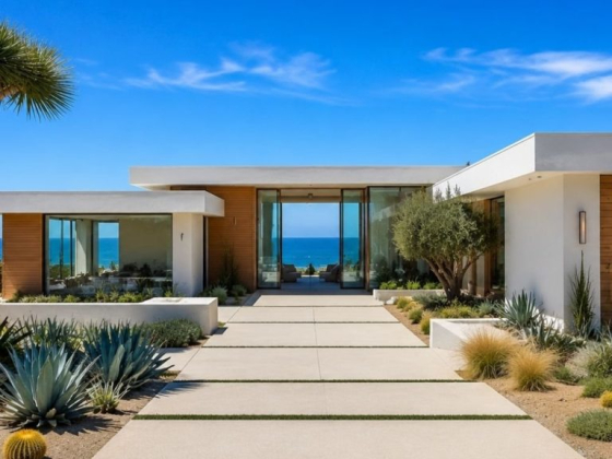 Exterior of a sleek house overlooking the ocean