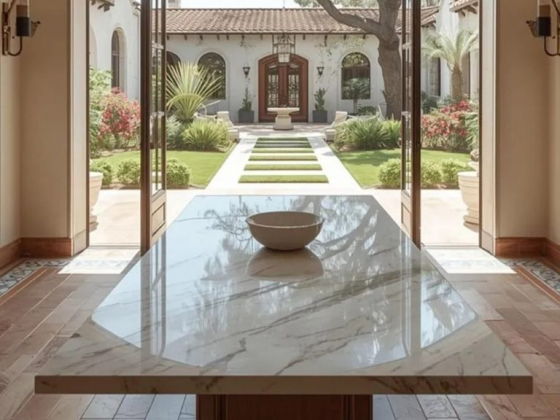 Open doors reveal a lush courtyard garden scene