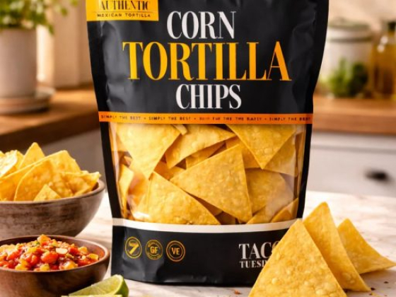 Bag of corn tortilla chips with salsa bowls on a kitchen counter