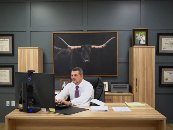 Office with certificates and a bull portrait