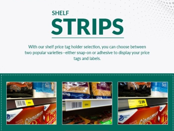 Advertisement showcasing shelf price tag holders with shopping call-to-action