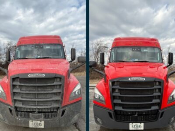 Side-by-side of dirty and clean red truck