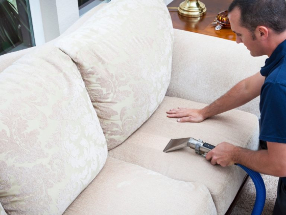 Professional upholstery cleaning in progress