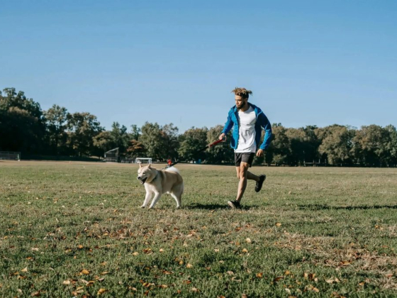 A man runs with his dog in a grassy park
