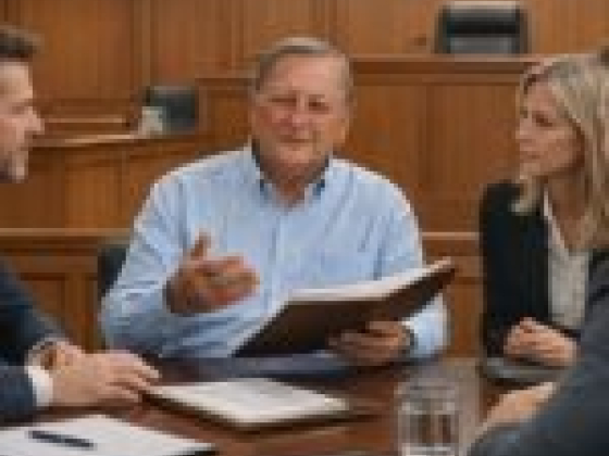 Individuals engaged in discussion at a courtroom table