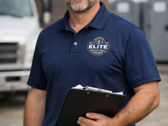 Man standing in front of trucks and portable toilets