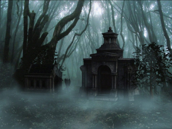 Eerie forest scene with tombs and dense fog