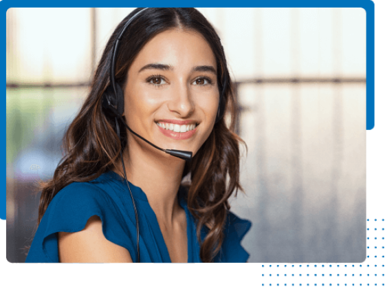 Young woman in a blue shirt wearing a headset